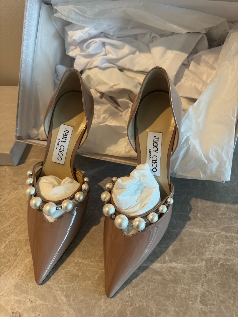 Jimmy Choo Aurelie 85 - Nude Patent Leather Pointed-Toe Pump with Pearl Strap - Picture 5 of 7